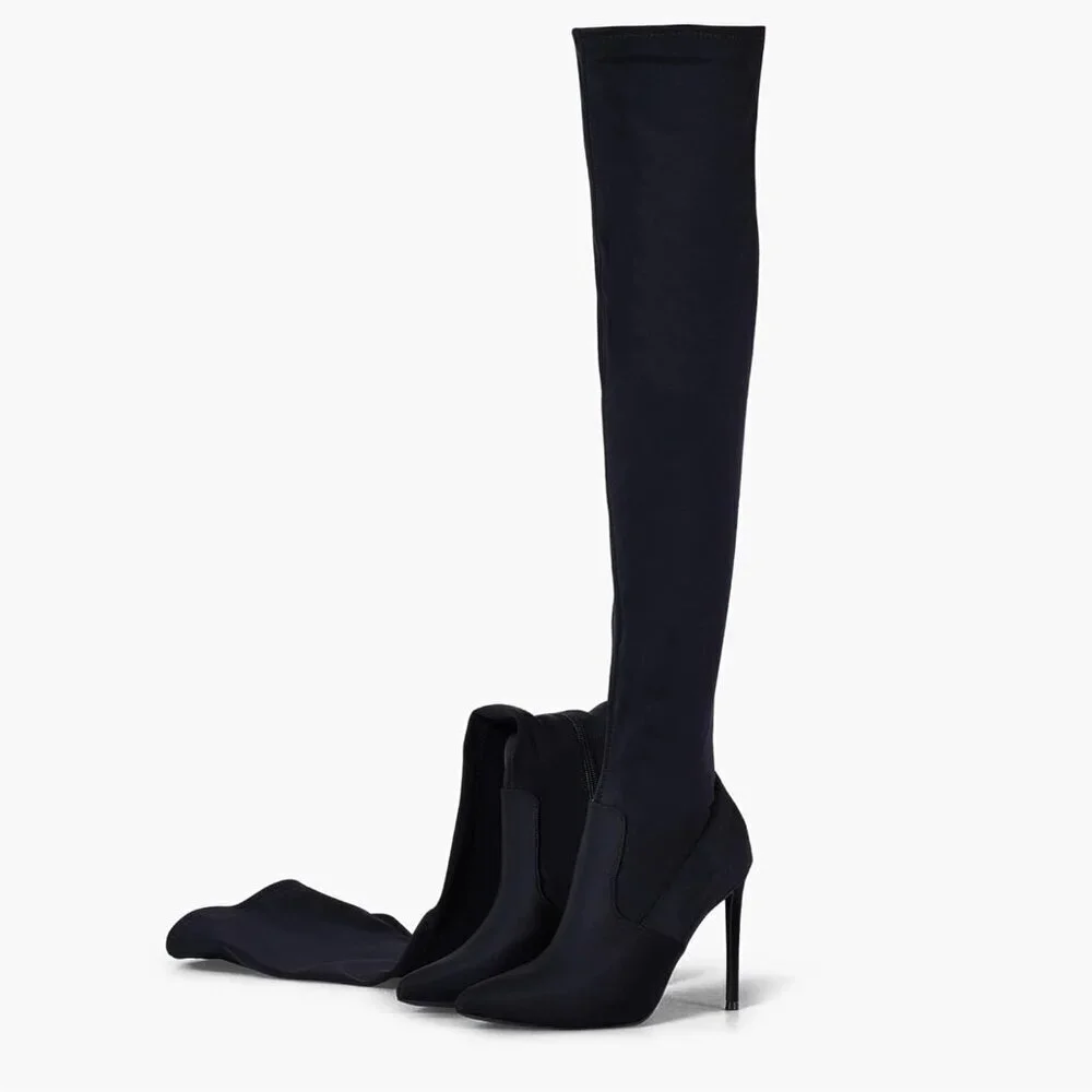 Women Black Neoprene Suede Pointed Toe 4.3 inch Stilettos Thigh High Heels Boots
